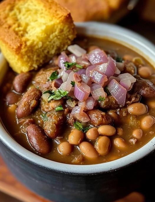 Pinto Beans with Ham Hocks, Cornbread, and Pickled Onions