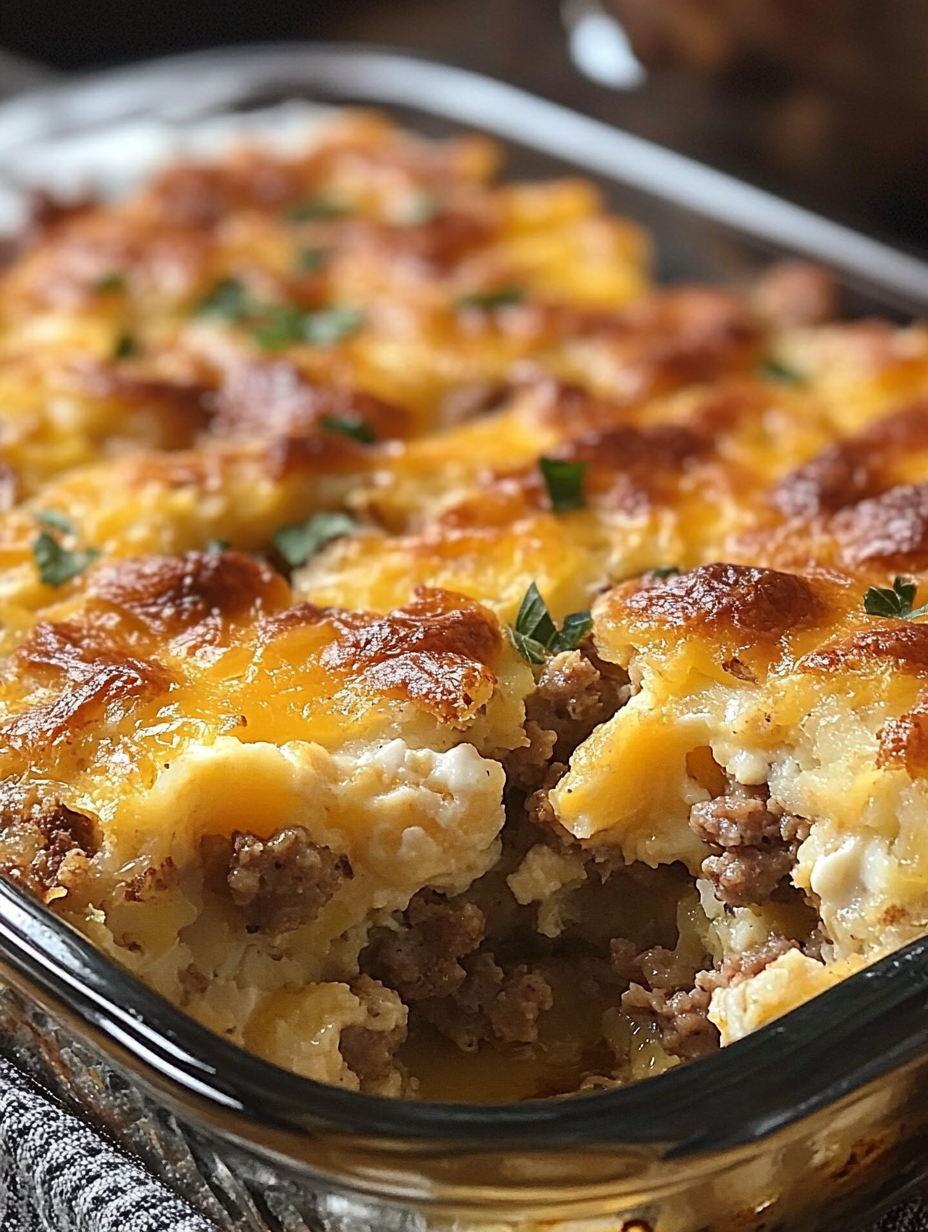 Hommade Sausage, Egg and Cream Cheese Hashbrown Casserole