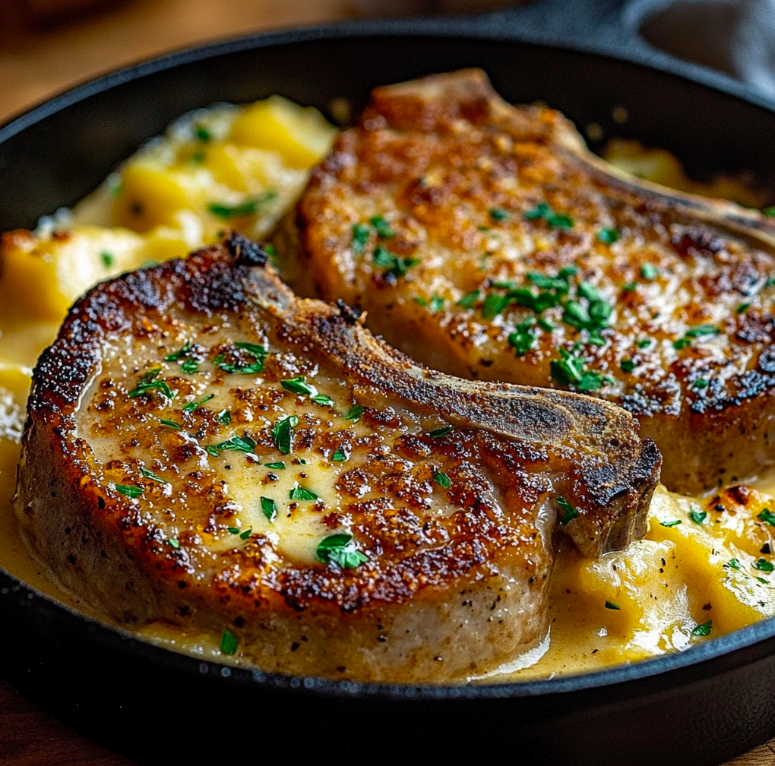 Garlic Butter Pork Chops with Cheesy Potato Bake: The Ultimate Comfort Meal