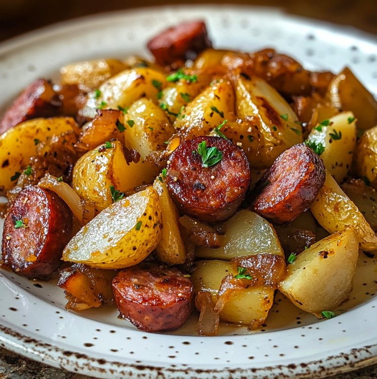 Fried Potatoes and Onions with Smoked Polish Sausage: A Rustic, Flavorful One-Pan Dish