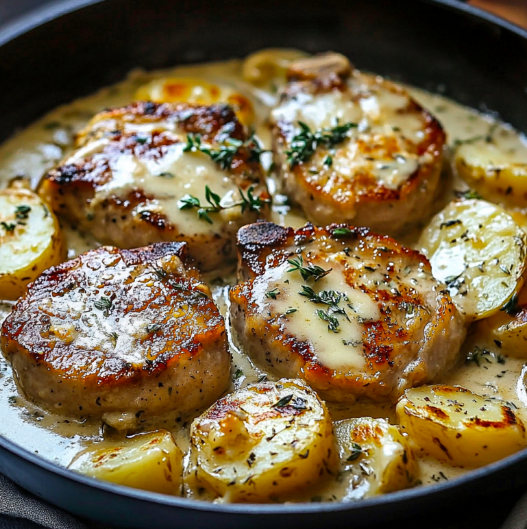 Sizzling Pork Chops in Garlic Butter with Creamy Potatoes: A One-Pan Delight