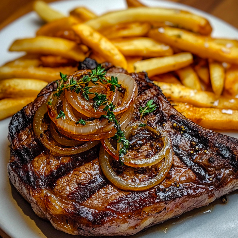 Ribeye Steak with French Onions and French Fries – A Classic Gourmet Feast