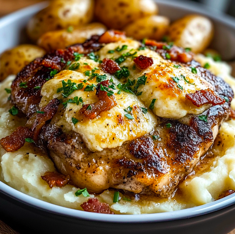 Garlic Parmesan Chicken & Steak Bake with Cheesy Loaded Mashed Potatoes