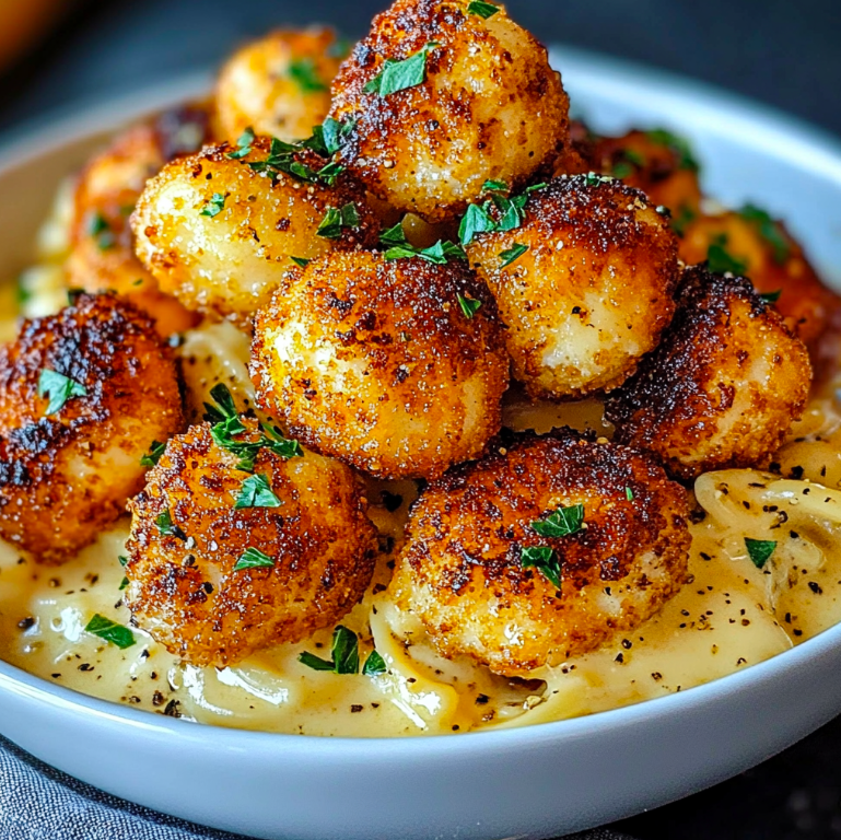 Golden Garlic Chicken Bites Over Creamy Parmesan Pasta