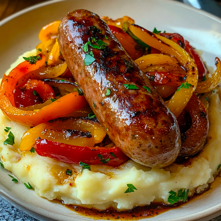 Rustic Italian Sausage with Peppers and Onions Over Garlic Mashed Potatoes