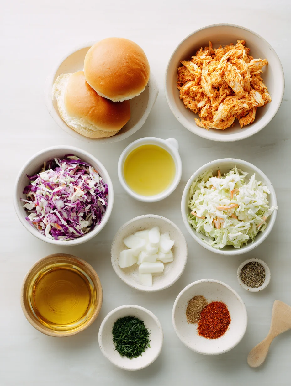 Ingredients for Crispy Buffalo Chicken Sliders with Ranch Coleslaw