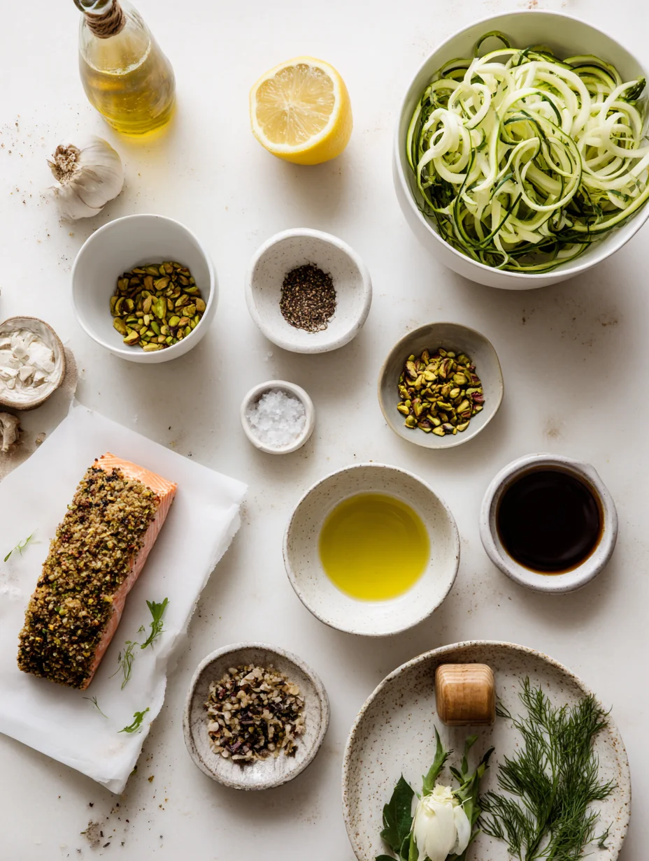 Ingredients for Pistachio Crusted Salmon with Shaved Asparagus Salad is a de