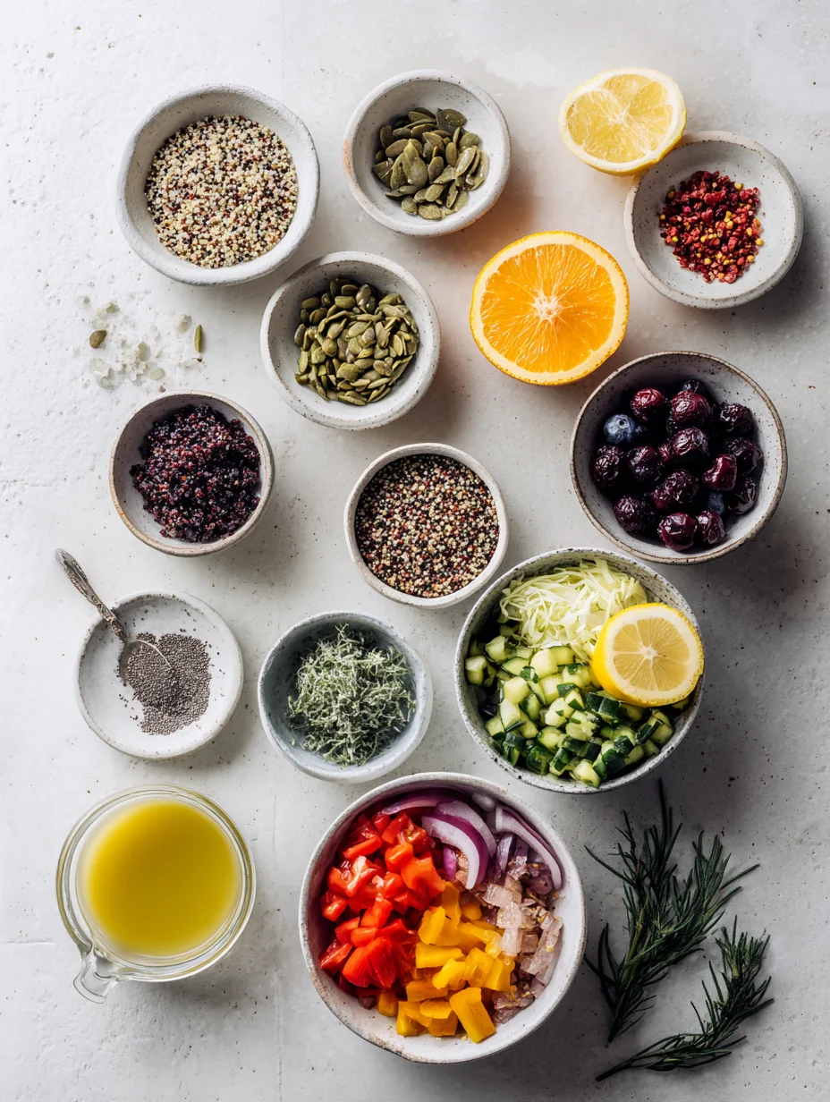 Ingredients for Quinoa Rainbow Veggie Bowl with Citrus Dressing: A Colorful and Nutritious Delight