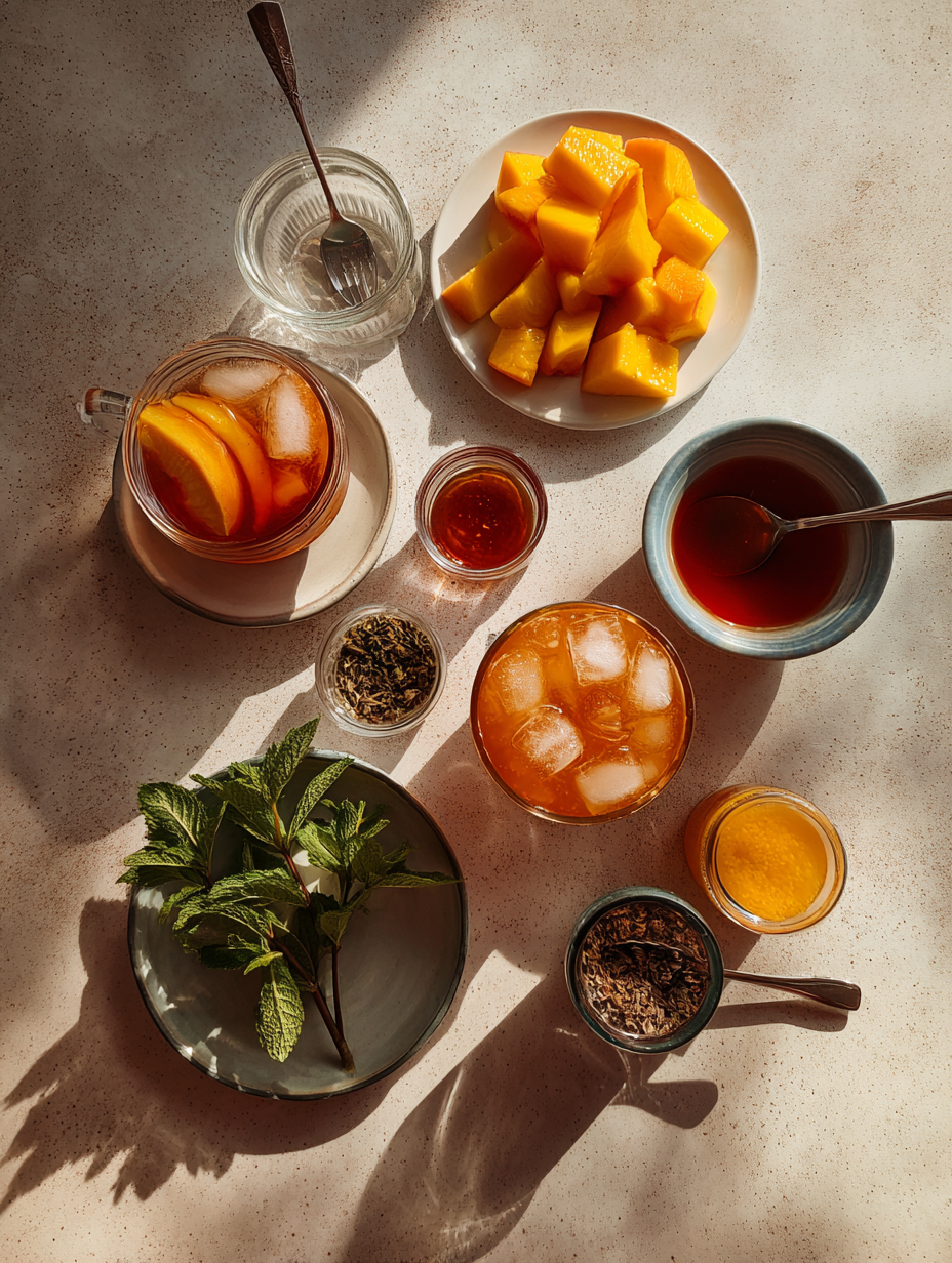 Ingredients for Peach Iced Tea Mocktail Recipe Southern Summer Drink