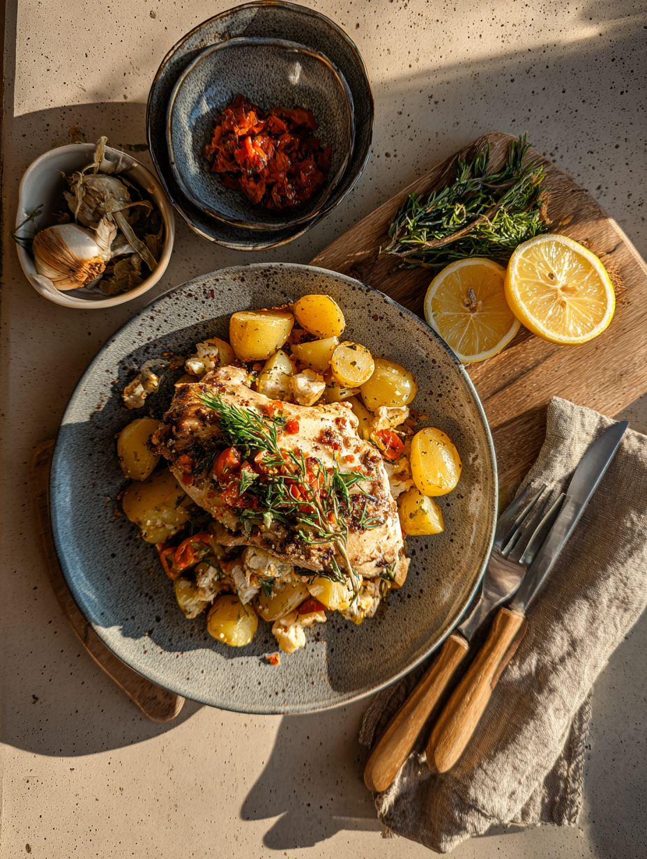 Ingredients for Greek Lemon Chicken Potato Bake Recipe Mediterranean Dinner