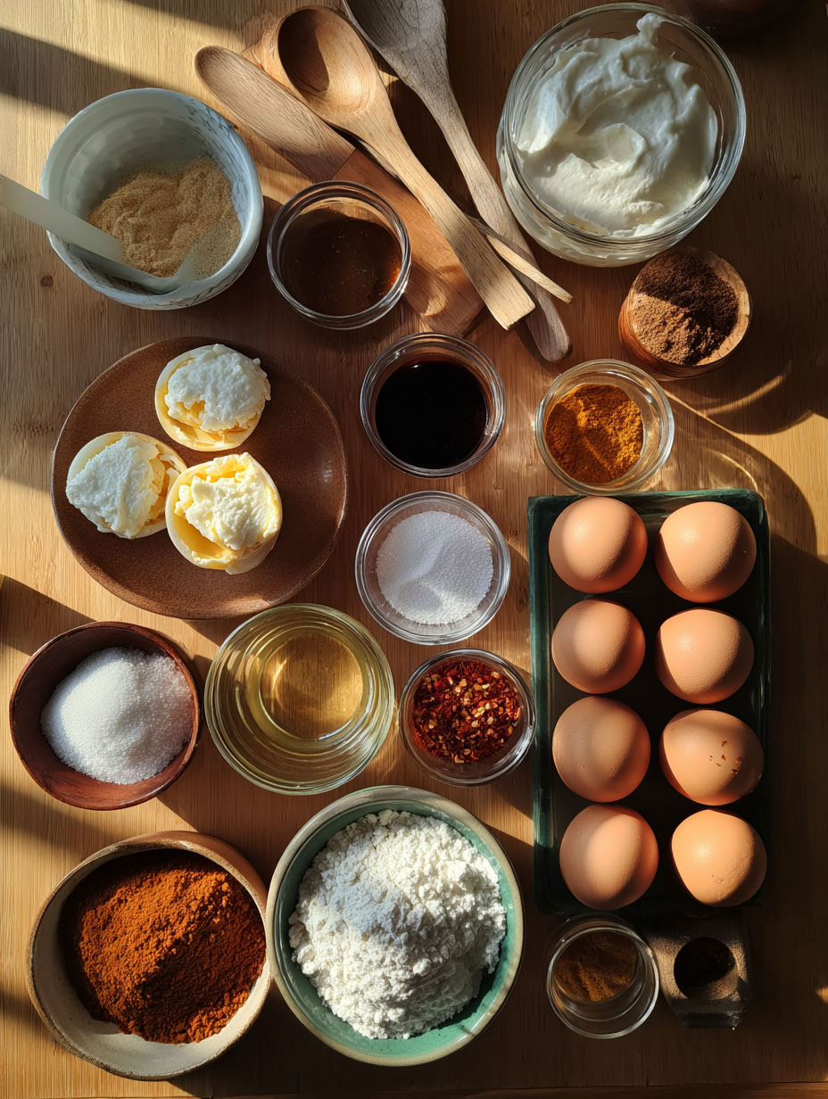 Ingredients for Chili Crisp Deviled Eggs Recipe Spicy Party Appetizer