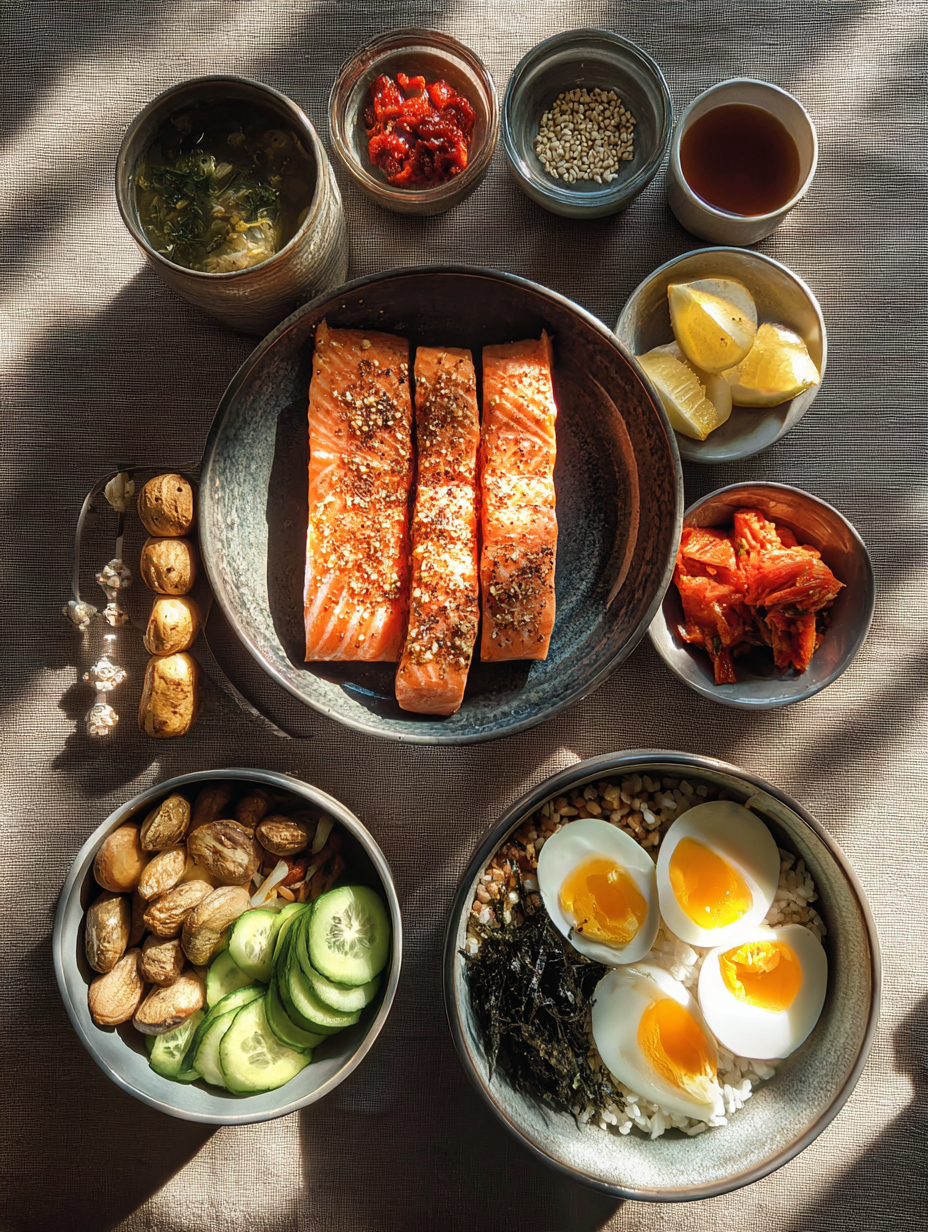 Ingredients for Salmon Rice Bowl Recipe Emily Mariko Viral Lunch