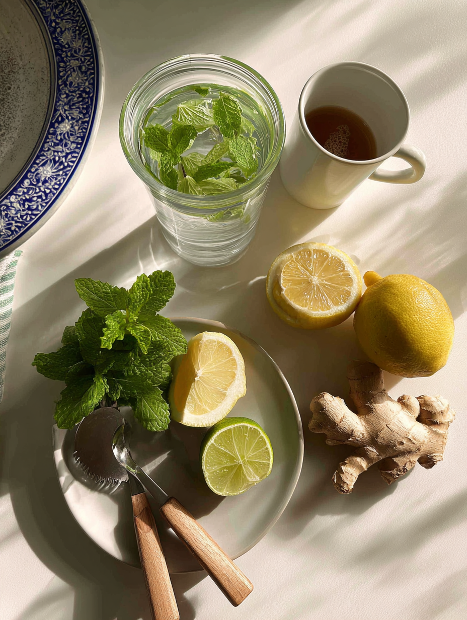 Ingredients for Lemon Mint Mocktail Recipe Detox Refreshing Drink