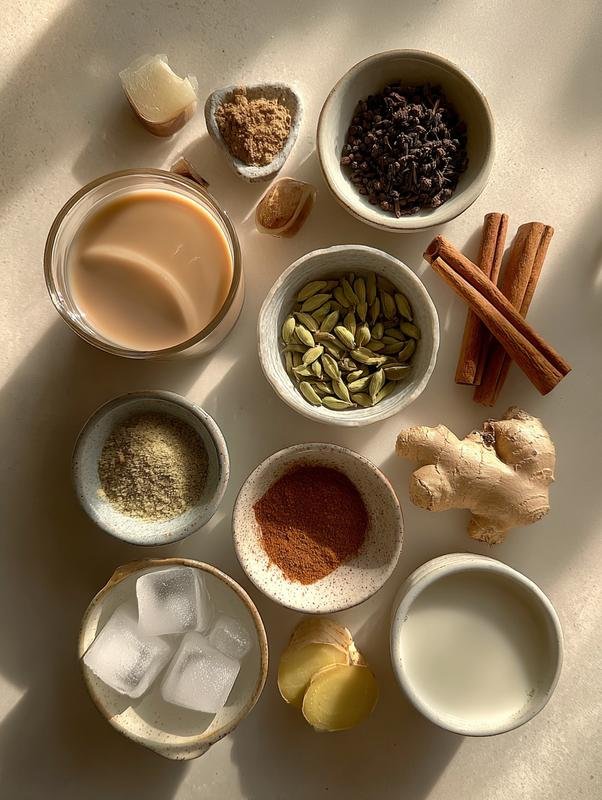 Ingredients for Chai Iced Latte Recipe Spiced Creamy Tea Drink