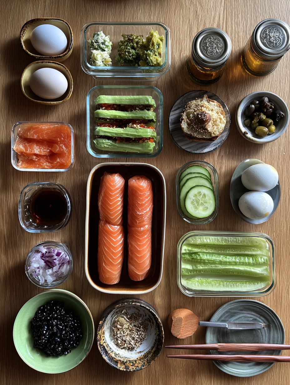 Ingredients for Smoked Salmon Cucumber Rolls Recipe No Bake Appetizer