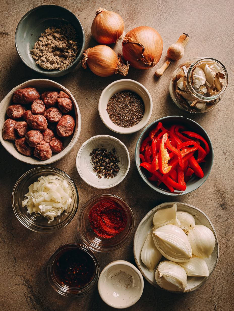 Ingredients for One Pan Sausage and Peppers