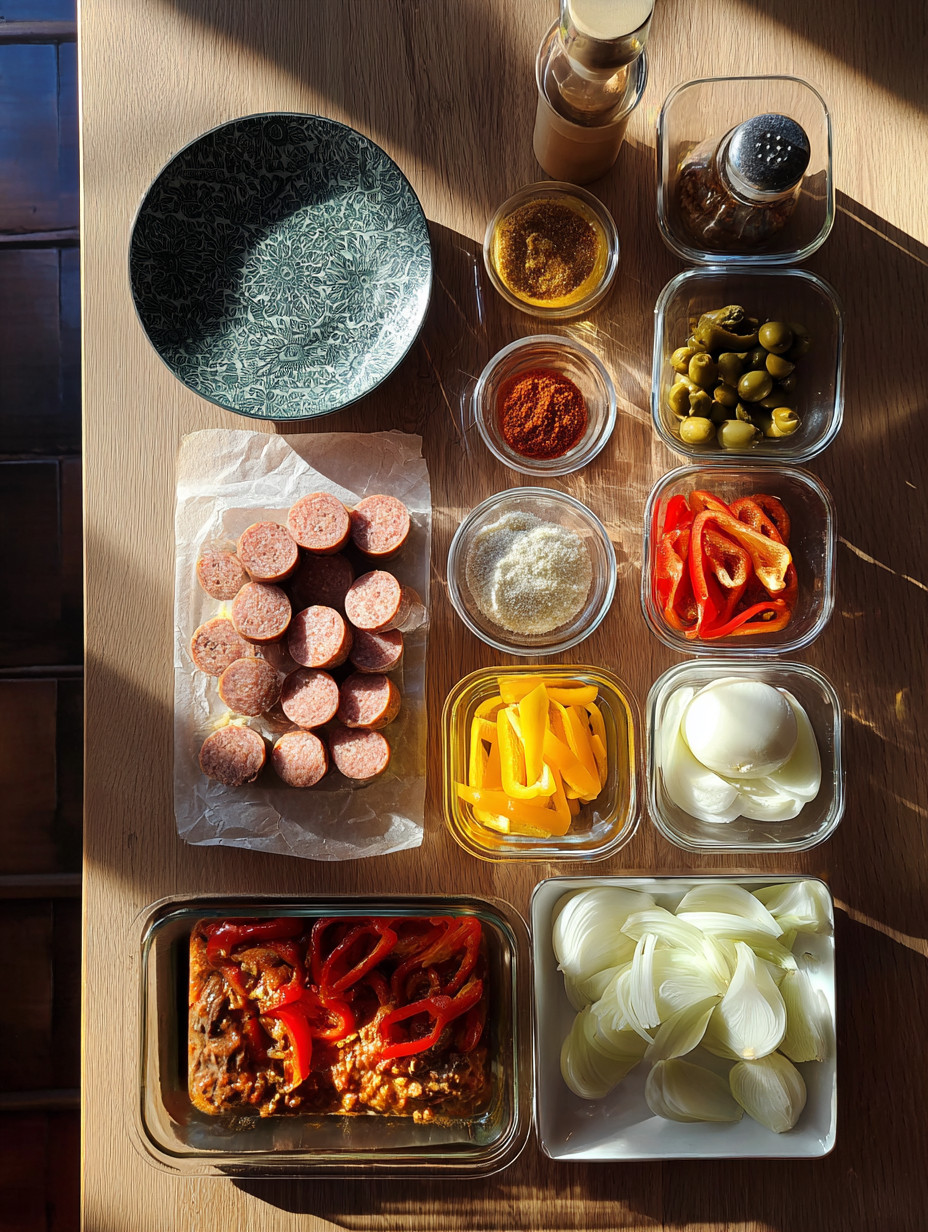 Ingredients for One Pan Sausage and Peppers