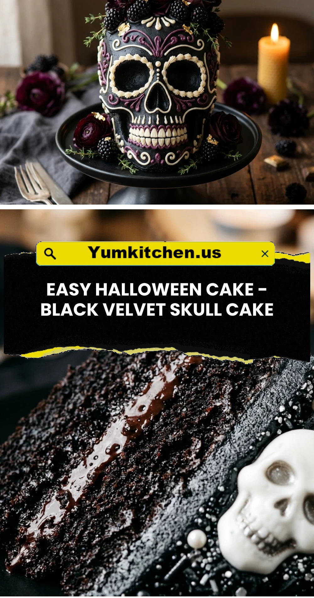 Easy Halloween Cake - Black Velvet Skull Cake