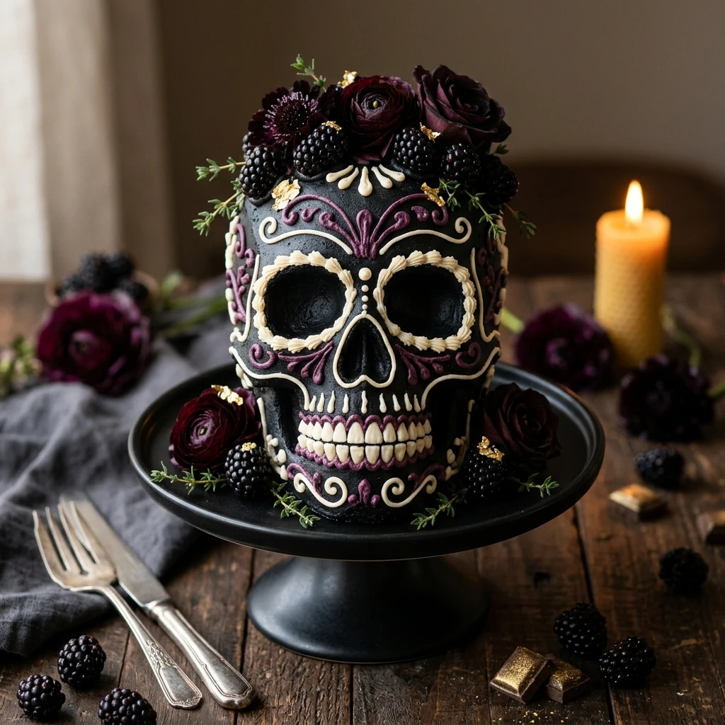 Easy Halloween Cake - Black Velvet Skull Cake