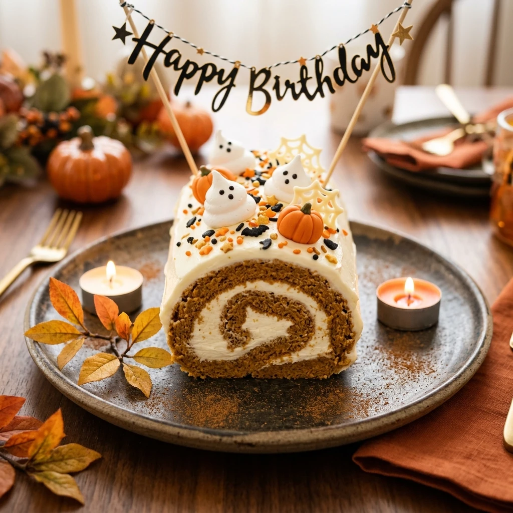 Halloween Birthday Cake - Pumpkin Spice Roll Cake