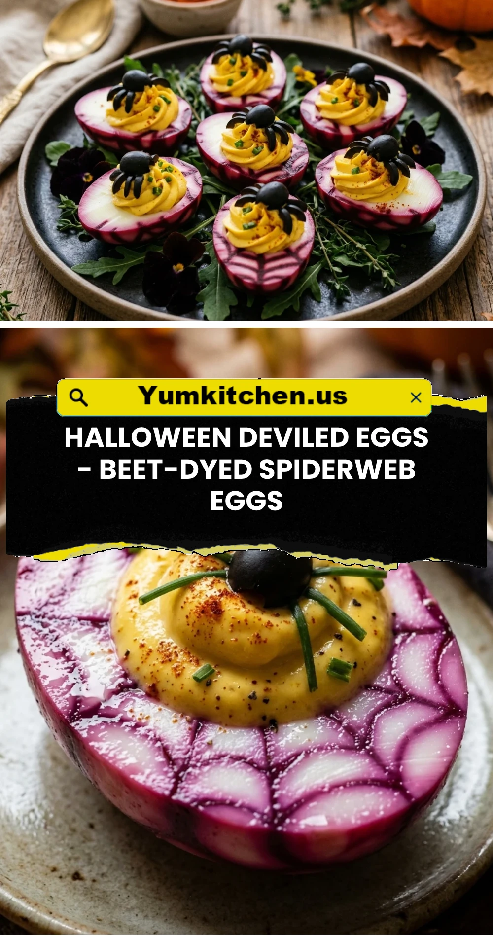 Halloween Deviled Eggs - Beet-Dyed Spiderweb Eggs