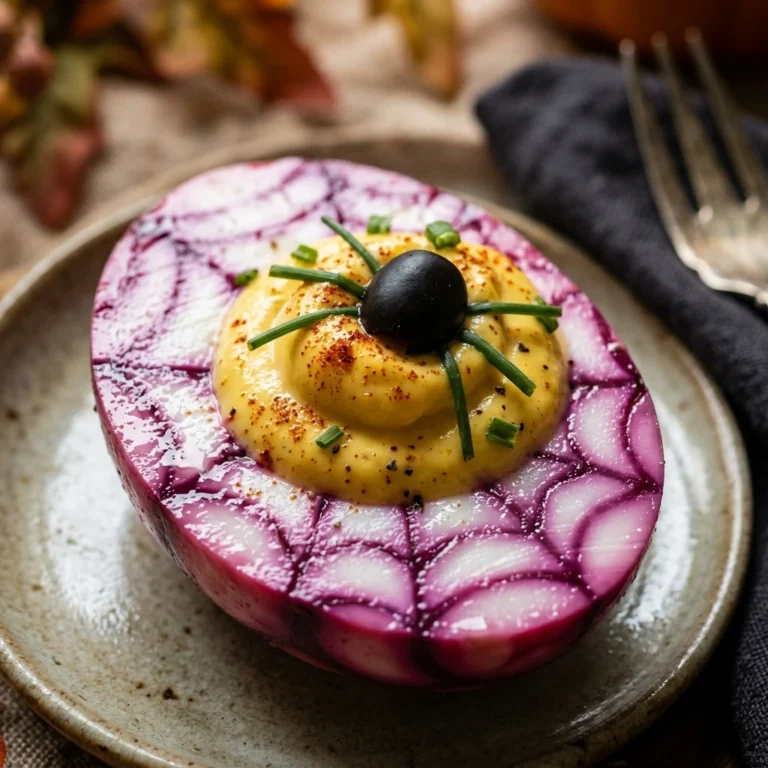 Halloween Deviled Eggs - Beet-Dyed Spiderweb Eggs