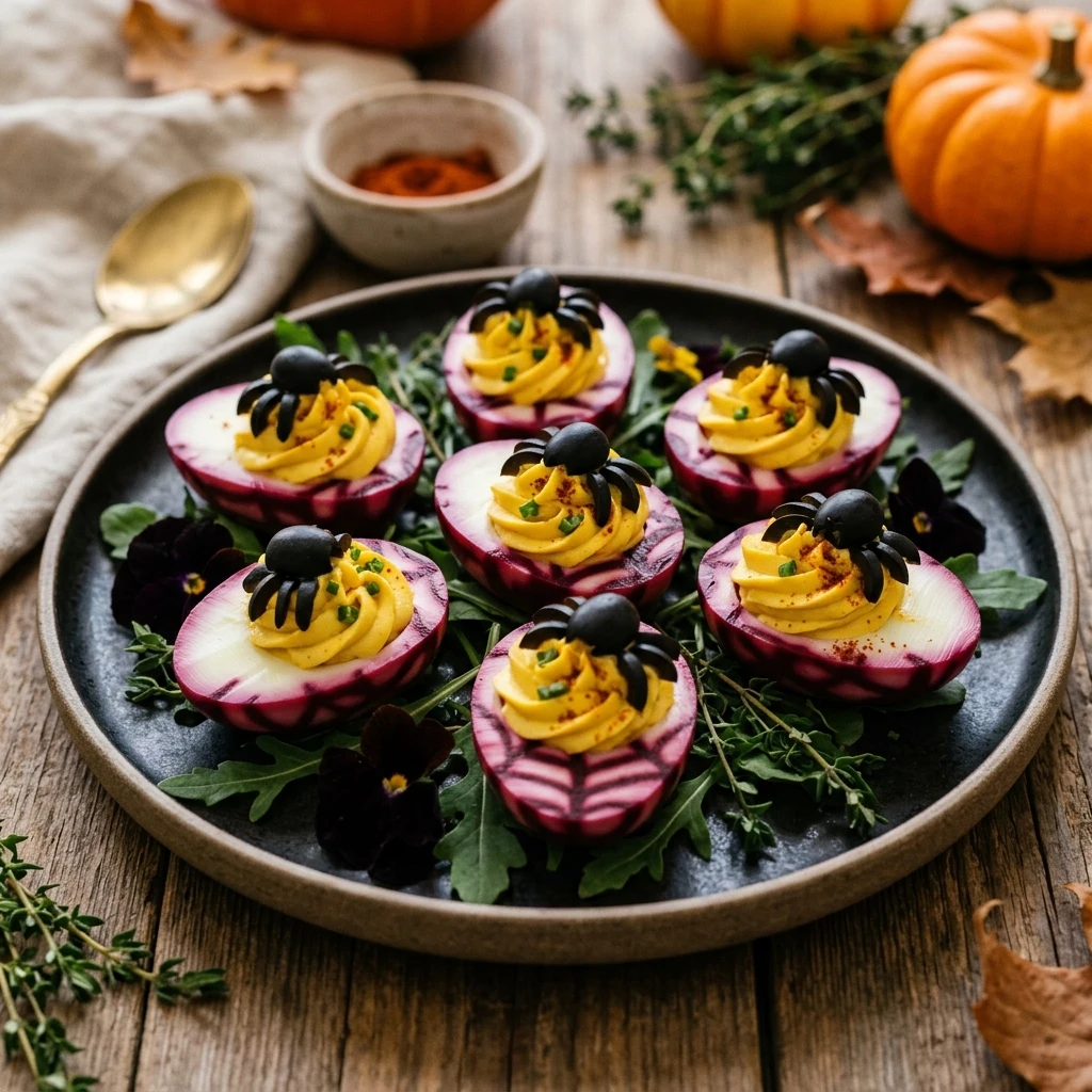 Halloween Deviled Eggs - Beet-Dyed Spiderweb Eggs