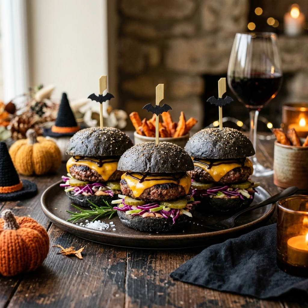 Halloween Dinner Ideas - Black Charcoal Burger Sliders