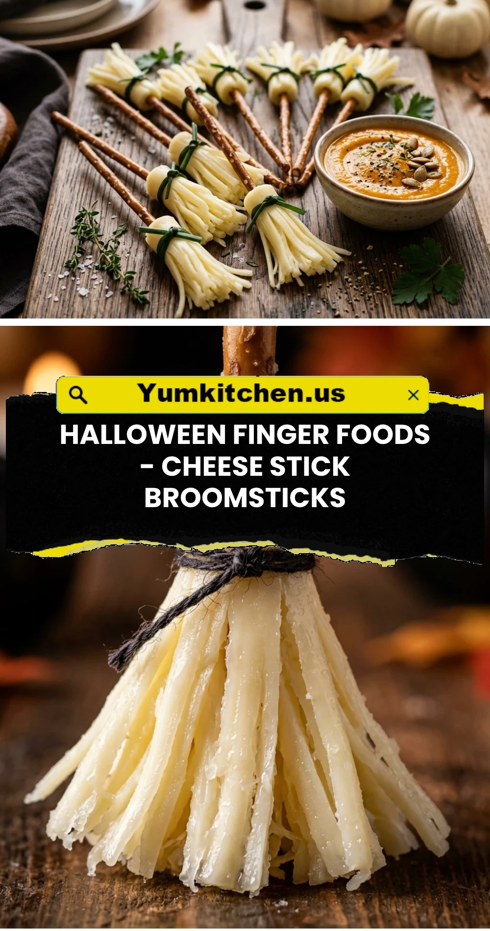 Halloween Finger Foods - Cheese Stick Broomsticks