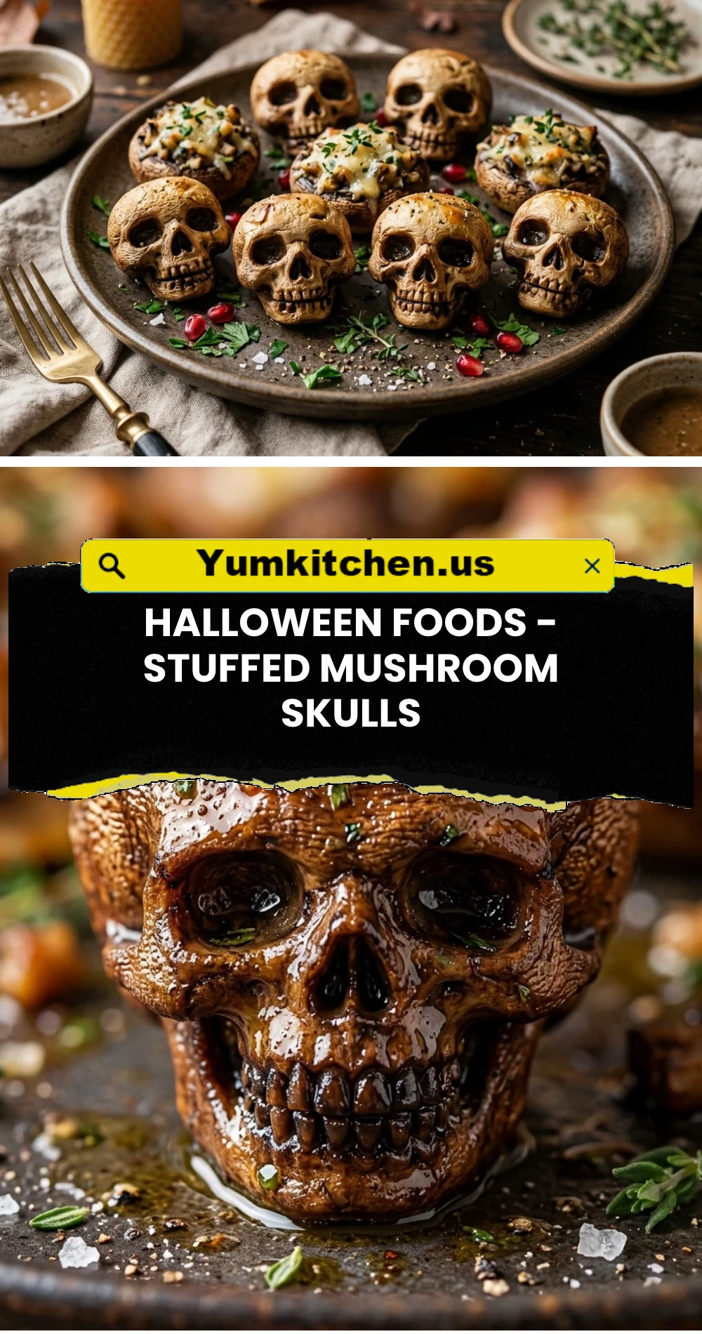 Halloween Foods - Stuffed Mushroom Skulls