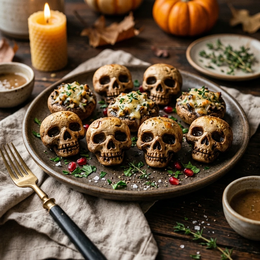 Halloween Foods - Stuffed Mushroom Skulls