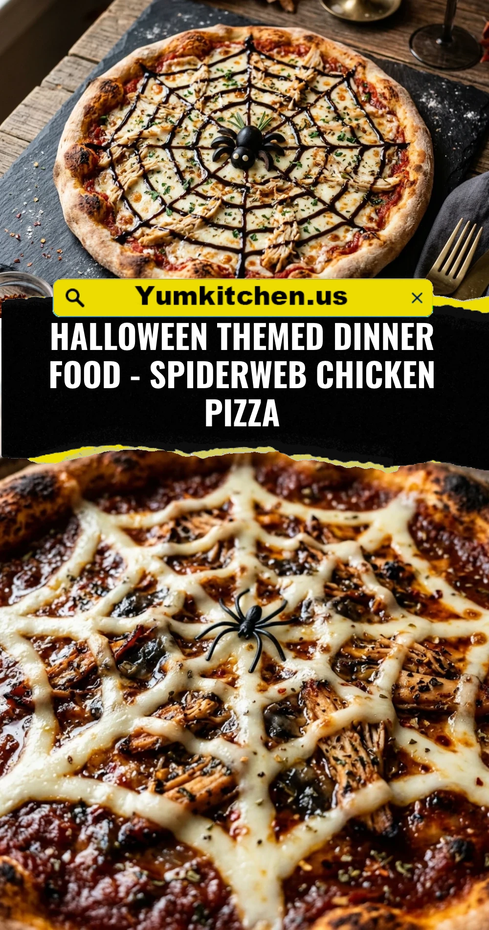 Halloween Themed Dinner Food - Spiderweb Chicken Pizza