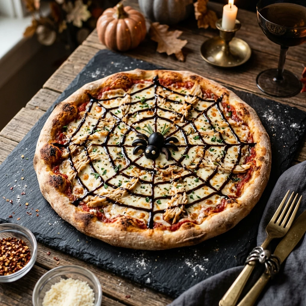 Halloween Themed Dinner Food - Spiderweb Chicken Pizza
