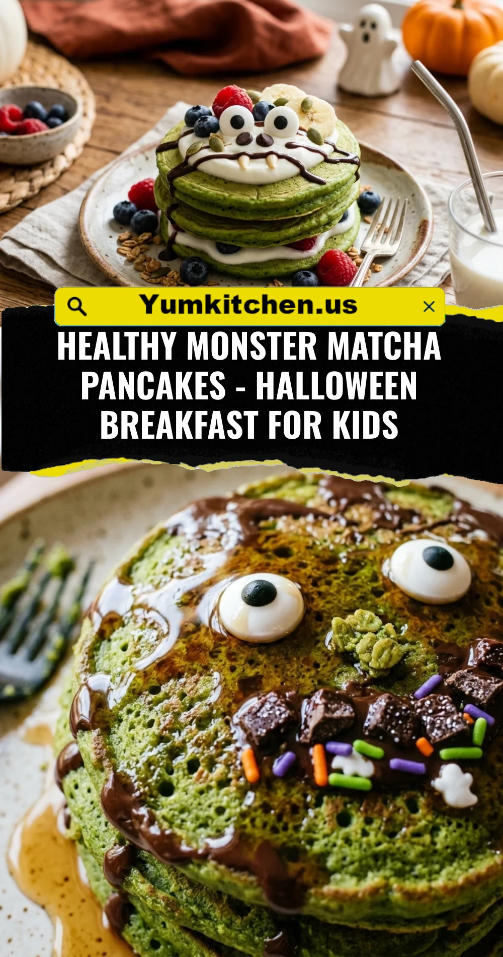 Healthy Monster Matcha Pancakes - Halloween Breakfast for Kids