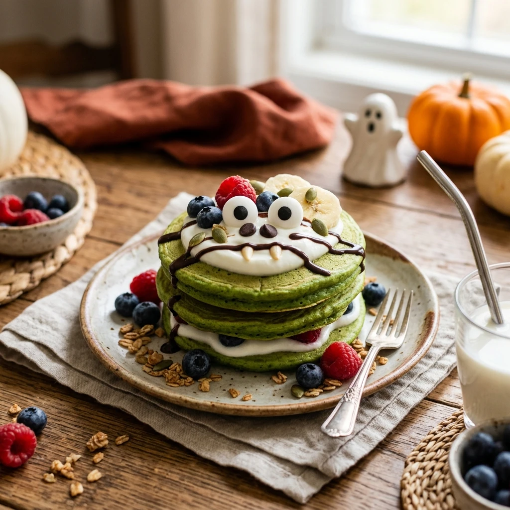 Healthy Monster Matcha Pancakes - Halloween Breakfast for Kids