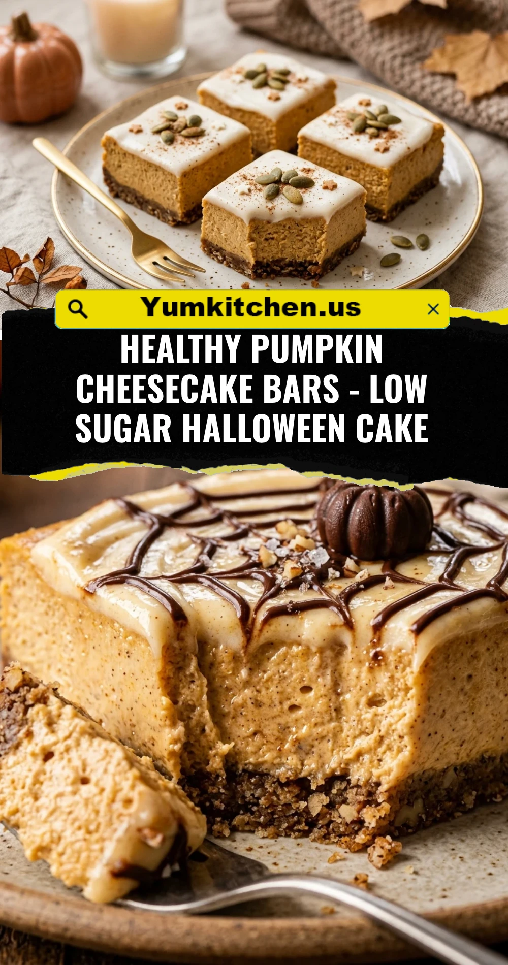 Healthy Pumpkin Cheesecake Bars - Low Sugar Halloween Cake