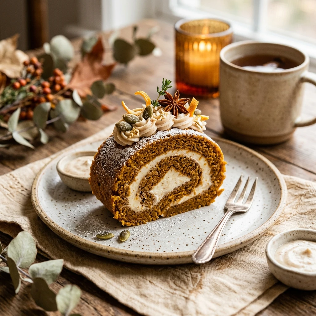 Healthy Pumpkin Roll Cake - Halloween Vintage Cake Style