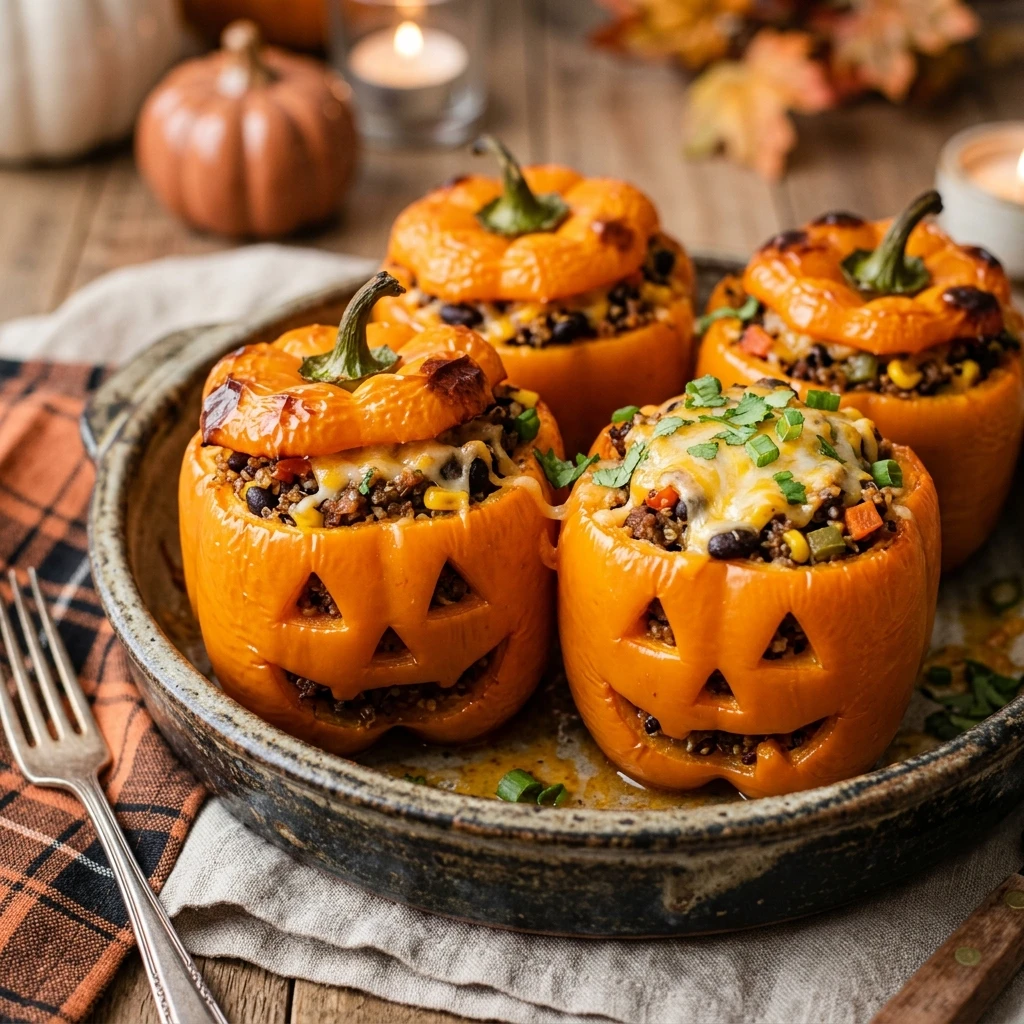 Jack-O-Lantern Stuffed Peppers - Halloween Dinner Ideas