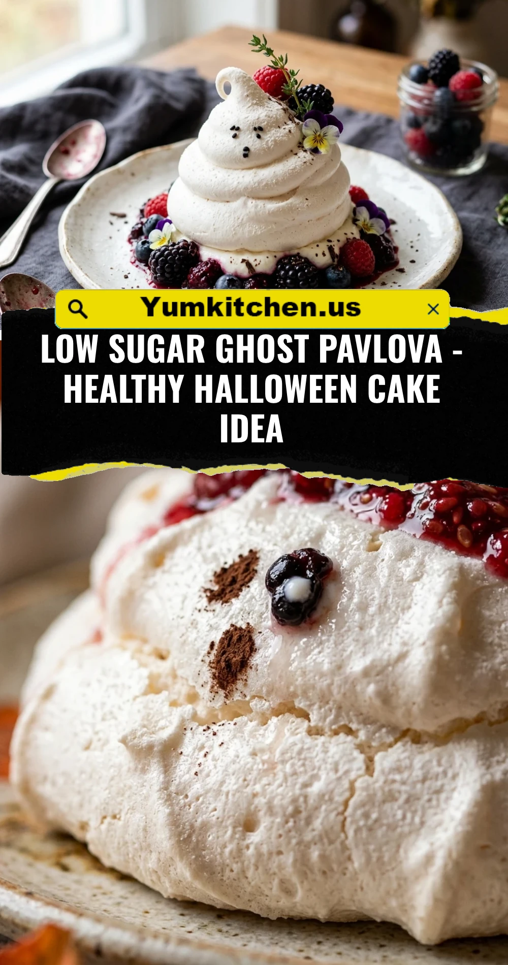 Low Sugar Ghost Pavlova - Healthy Halloween Cake Idea
