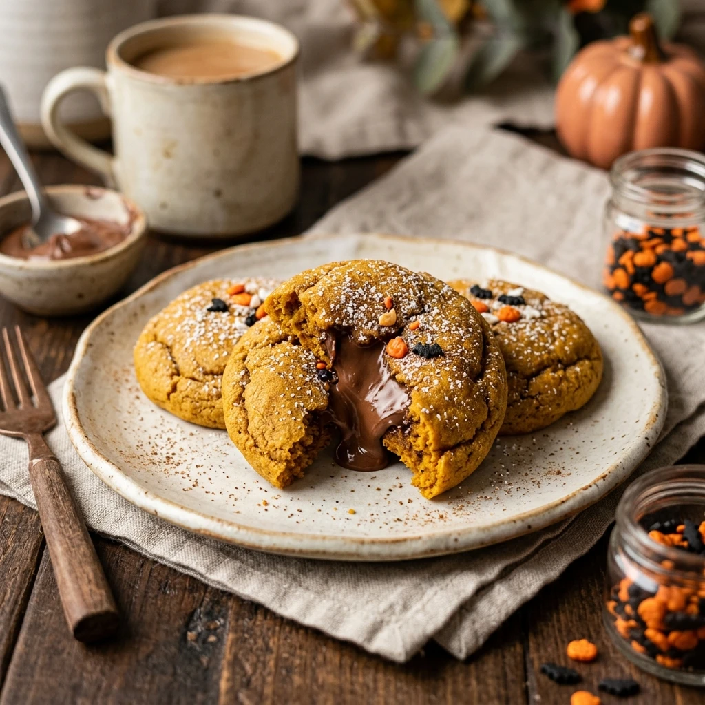 Nutella Stuffed Pumpkin Cookies - Halloween Cookies