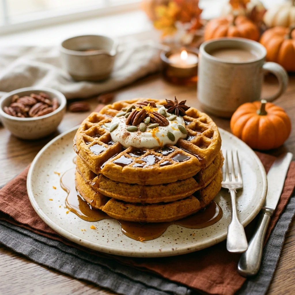 Pumpkin Spice Protein Waffles - Healthy Halloween Breakfast