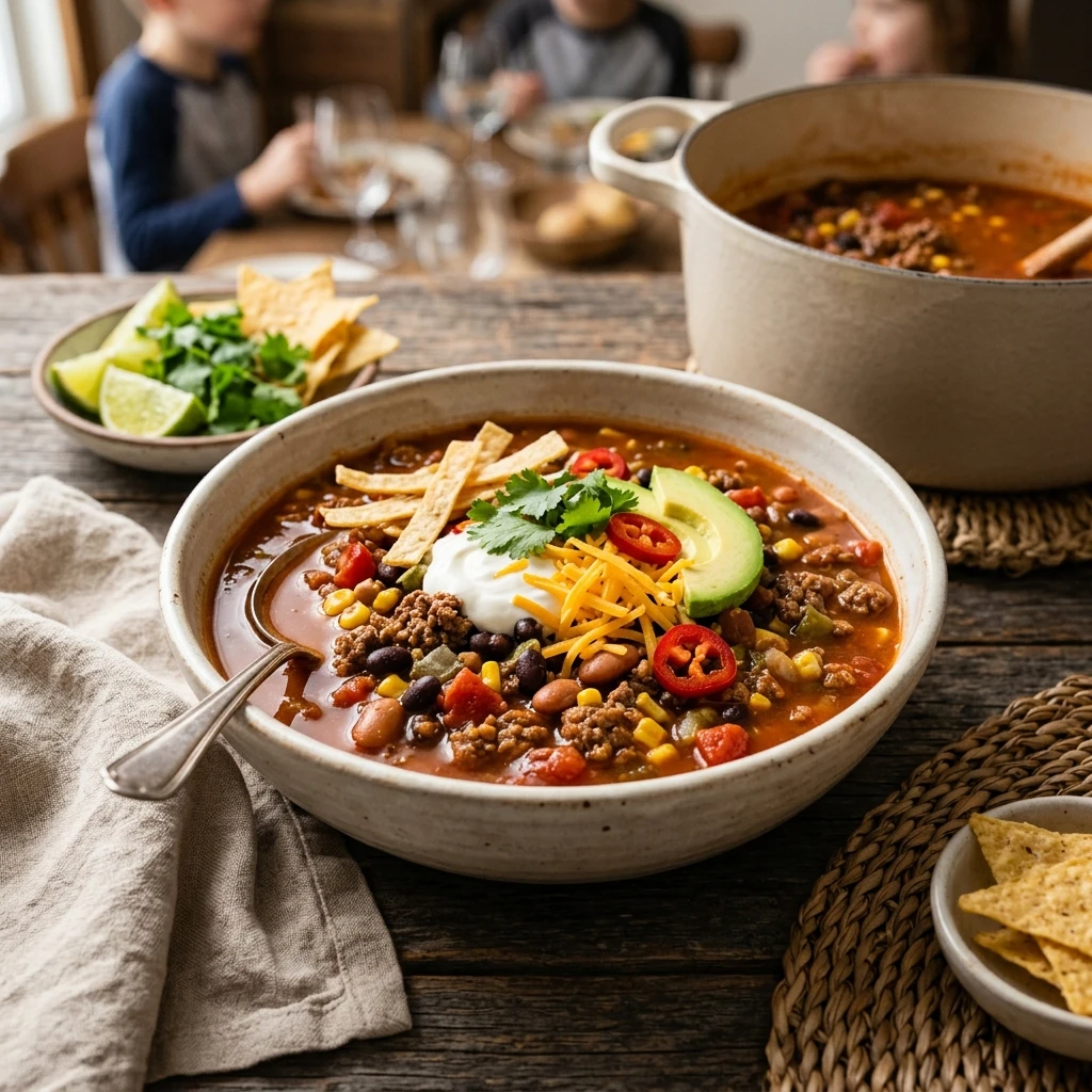$10 Taco Soup With Ground Beef Feeds 8 People