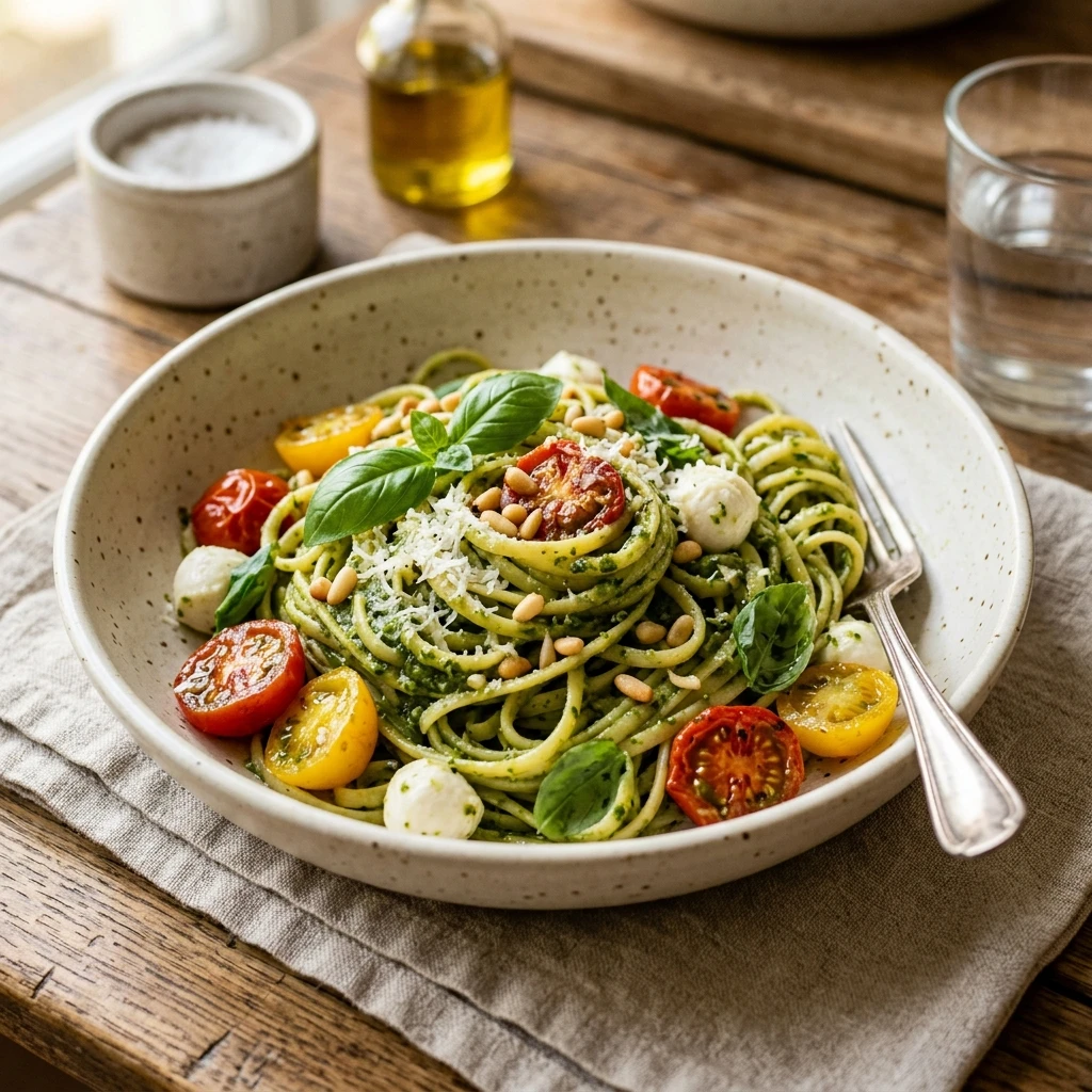 15 Minute Pesto Pasta with Cherry Tomatoes