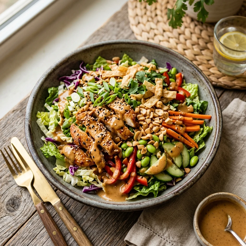 Asian Sesame Chicken Chopped Salad Dripping In Peanut Dressing