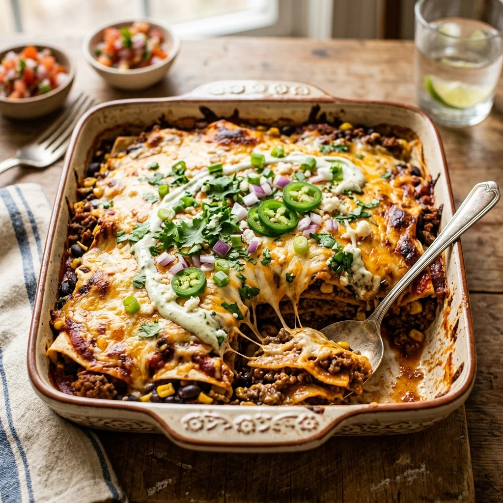 Beef Enchilada Casserole Cheesy Tortilla No Rolling