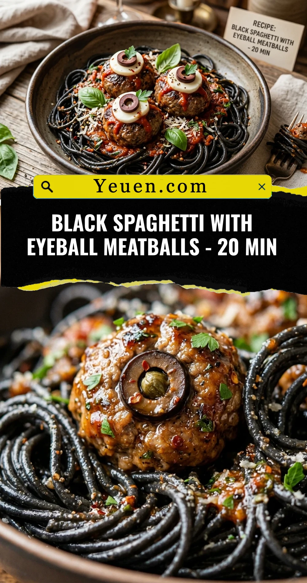 Black Spaghetti With Eyeball Meatballs - 20 Min