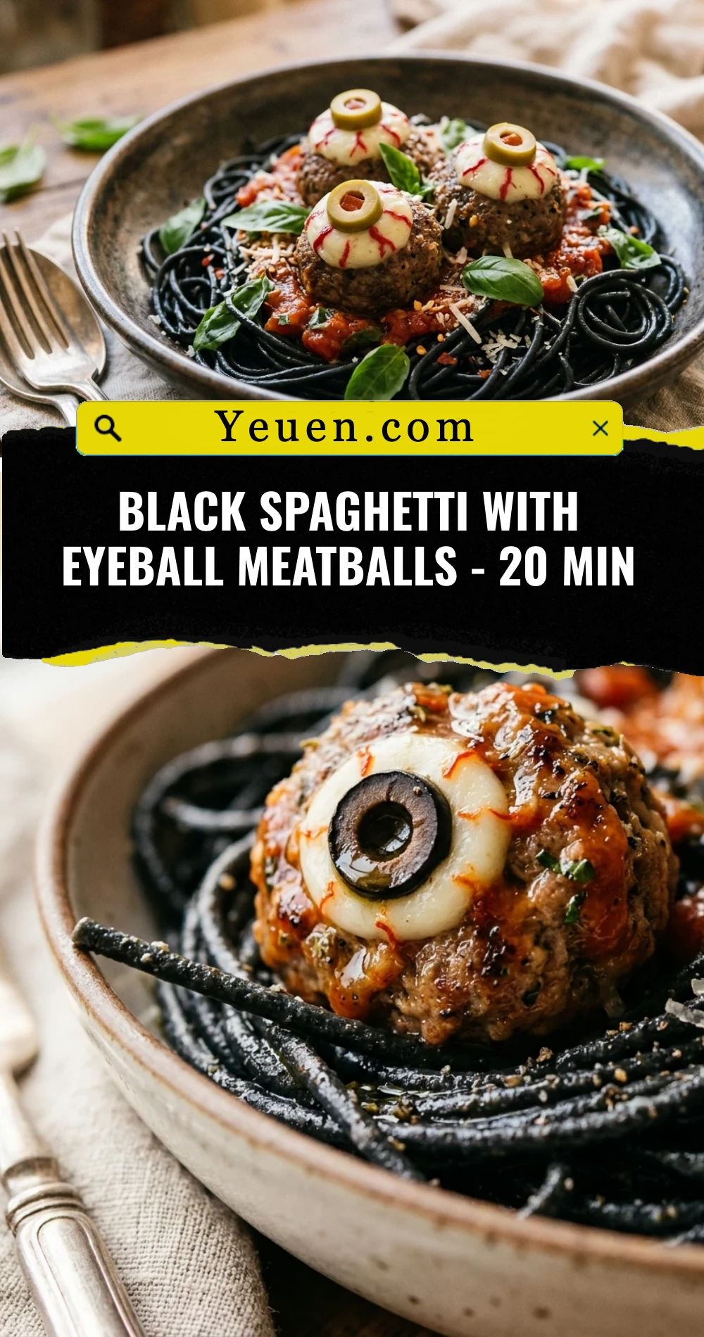 Black Spaghetti With Eyeball Meatballs - 20 Min
