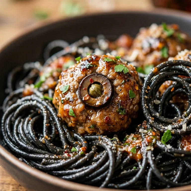 Black Spaghetti With Eyeball Meatballs - 20 Min
