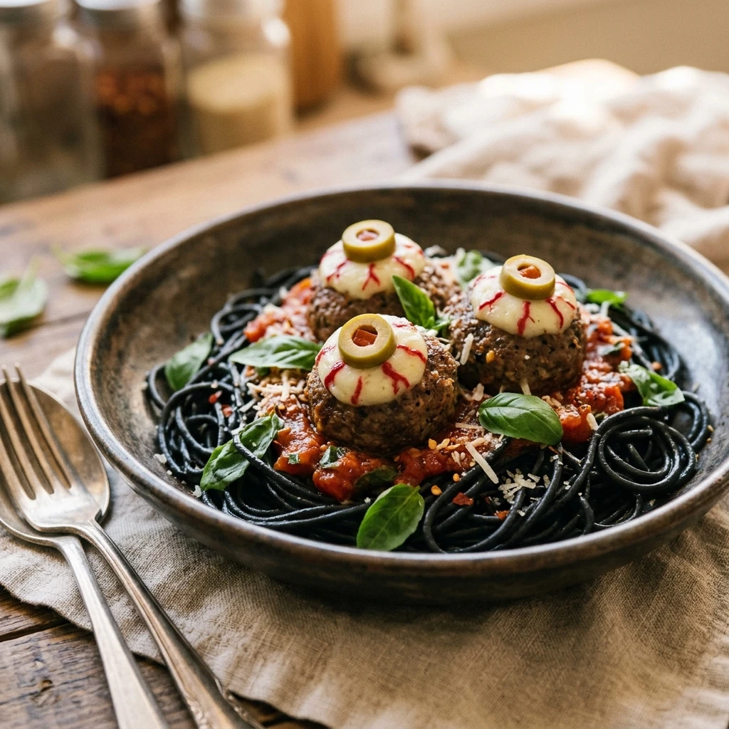 Black Spaghetti With Eyeball Meatballs - 20 Min