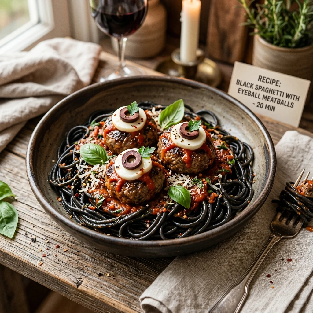 Black Spaghetti With Eyeball Meatballs - 20 Min